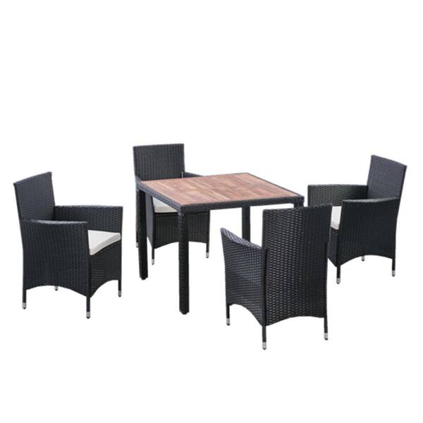 Nestfair Arbe Black 5-Piece Wicker Outdoor Dining Set with Creme Cushion and Wood Top