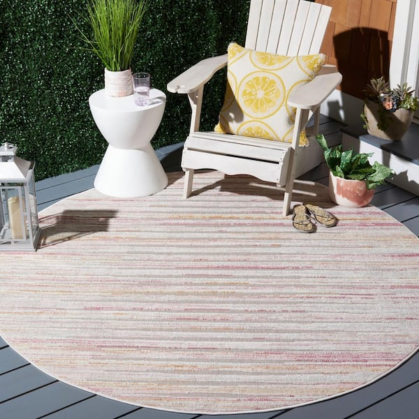 Cabana Rust/Ivory 7 ft. x 7 ft. Striped High-Low Indoor/Outdoor Round Area Rug