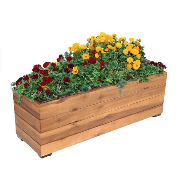 Sunnydaze 22.25 in. x 6.25 in. Wood Acacia Rectangle Planter Pot Box with Plastic Liner- Light Brown Stain