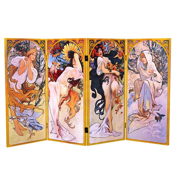 3 ft. Short Four Seasons Canvas 4-Panel Folding Screen