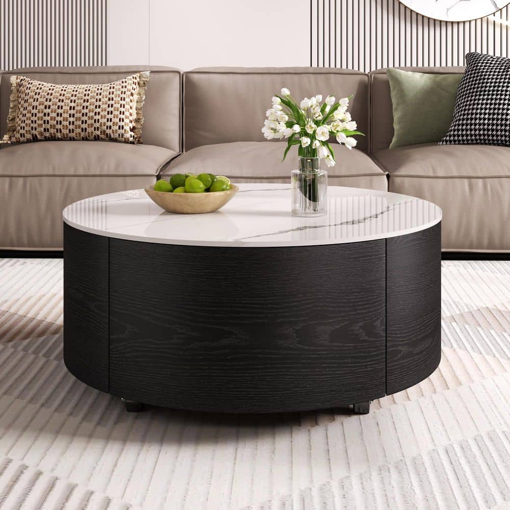Boyel Living 29.5 in. Modern Black Round Movable Coffee Table with