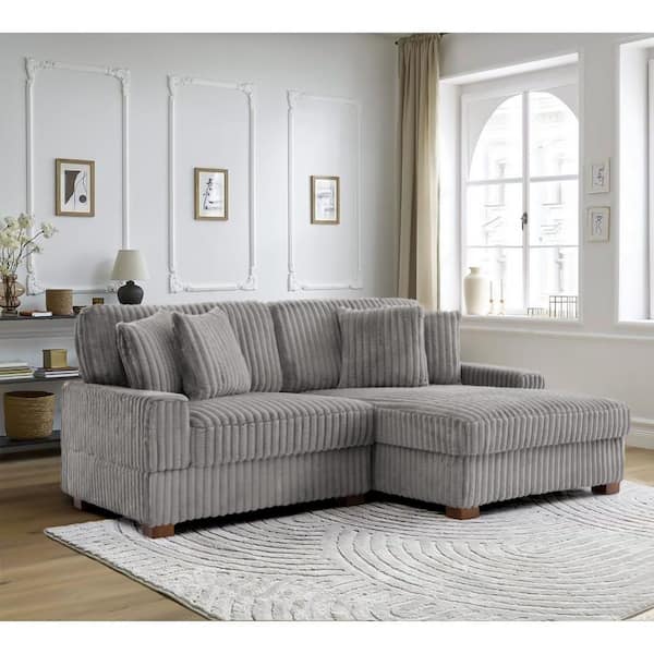 82 in. W Square Arm 2-Piece Faux Rabbit Fur Polyester L-Shaped Modern Sectional Sofa in Light Gray with 4-Pillows