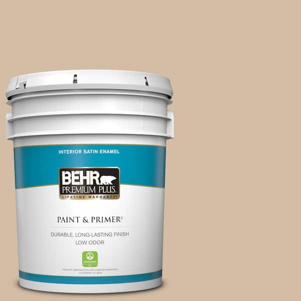 BEHR PREMIUM PLUS 5 gal. #PWL-86 Nutty Beige Satin Enamel Low Odor Interior Paint & Primer