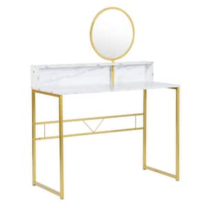 Chasson 41.3 in. White Rectangle Faux Marble Console Table with Mirror
