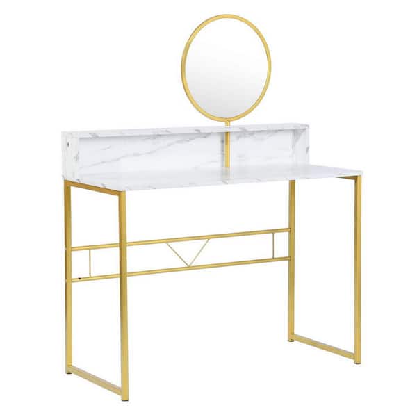 Homy Casa Chasson 41.3 in. White Rectangle Faux Marble Console Table with Mirror