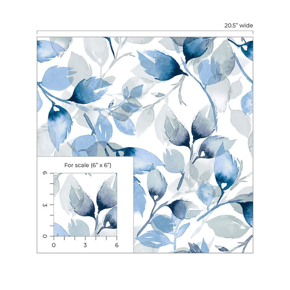 Blue Lagoon Watercolor Tossed Leaves Peel and Stick Vinyl Wallpaper