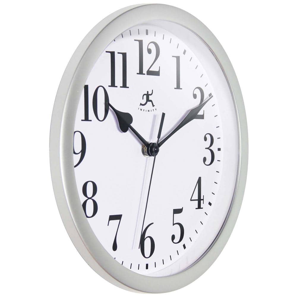 Classic Round Silver Plastic Wall Clock with Glass Lens, 9.63 Inch