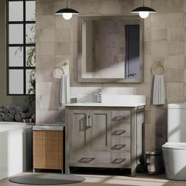 Lexora Jacques 36 in. W x 22 in. D Left Offset Distressed Grey Bath Vanity, Cultured Marble Top, and Faucet Set