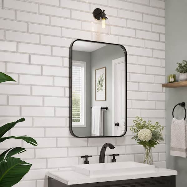 24 in. W x 36 in. H Rectangular Aluminum Framed Wall Bathroom Vanity Mirror in Black