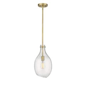 Norwalk 1-Light Brushed Brass Shaded Pendant Light with Seedy Glass Shade