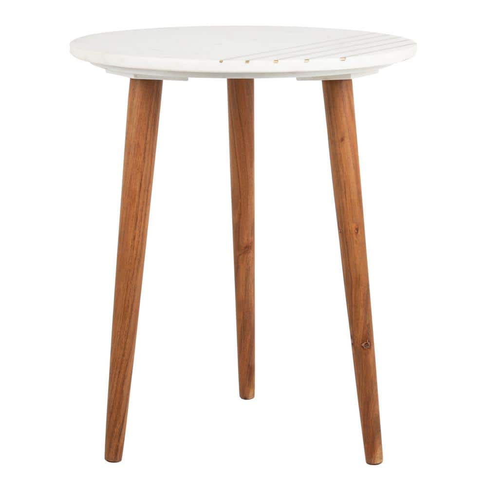Transitional Round Wood & Stone Accent Table with Brass Inlay