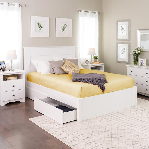 White Queen 4 Post Platform Bed, Queen Bed Frame With Storage And Headboard White