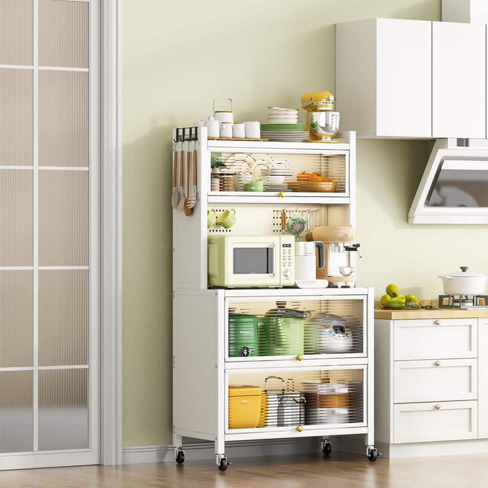 39 in. W White Metal Kitchen Pantry Organizers Cabinet with Lockable Wheels