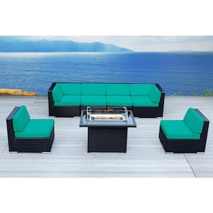 Ohana Black 7 -Piece Wicker Patio Fire Pit Seating Set with Supercrylic Turquoise Cushions
