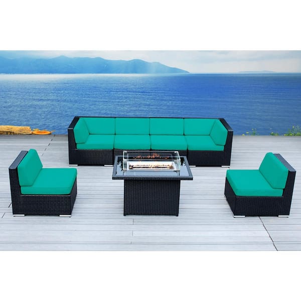 Ohana Depot Ohana Black 7 -Piece Wicker Patio Fire Pit Seating Set with Supercrylic Turquoise Cushions