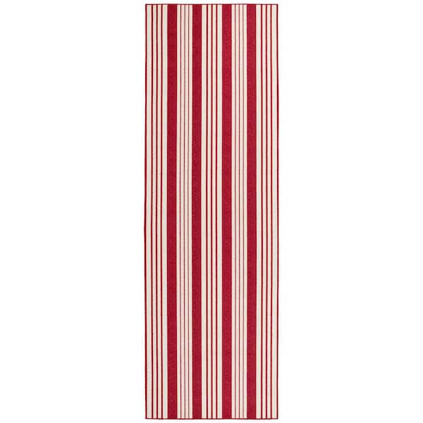 DASH & ALBERT Abby Ticking Machine Washable Red 2.6 ft. x 6 ft. Indoor Area Rug