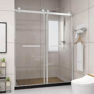 60 in. W x 76 in. H Freestanding Double Sliding Frameless Shower Door Enclosure in Chrome with Clear Glass