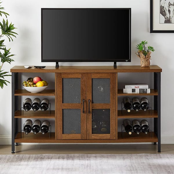 YOFE Oak and Black Rustic Wood Wine Bar Cabinet for Liquor and Glasses,  Double Sideboard and Buffet Cabinet, Wine Rack Table  CamyOK-GI41635W1162-barcabinet01 - The Home Depot