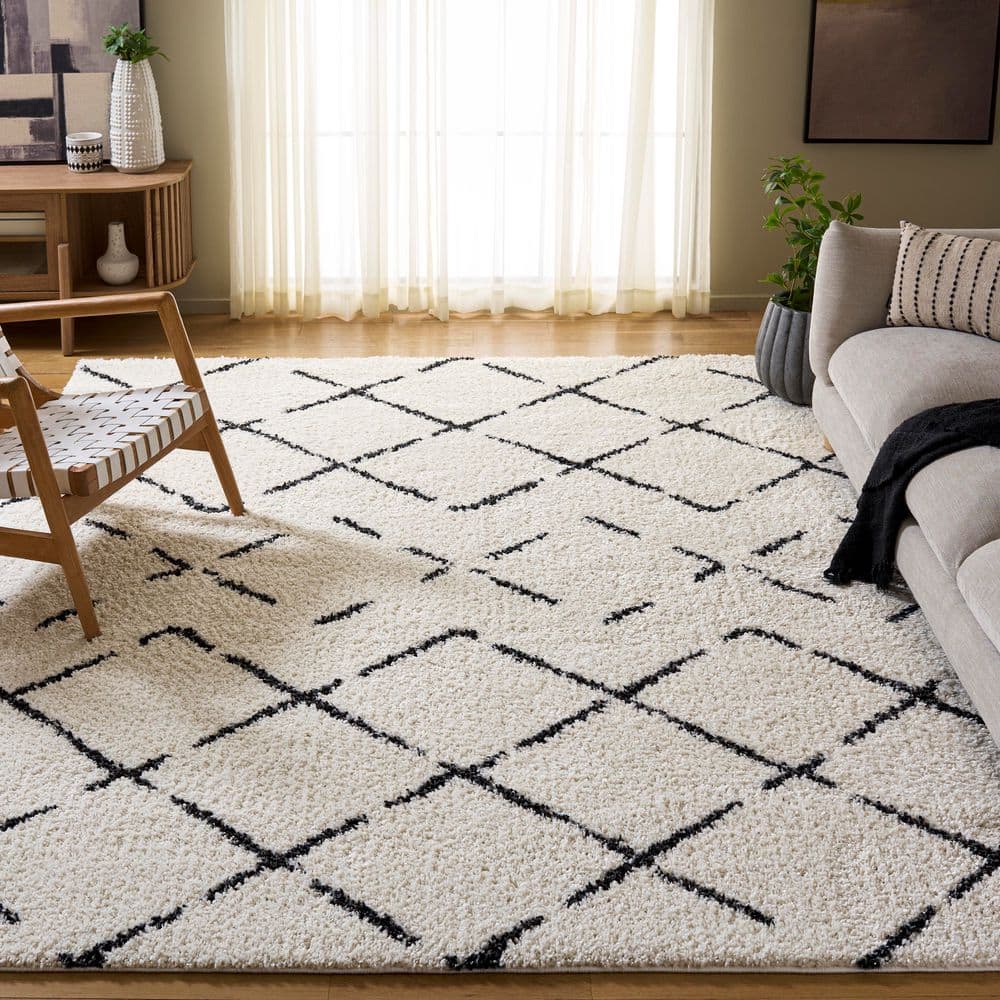 Diamond Z Project SAFAVIEH Arizona Shag 9 ft. x 12 ft. Ivory/Black Diamond Geometric Area ...