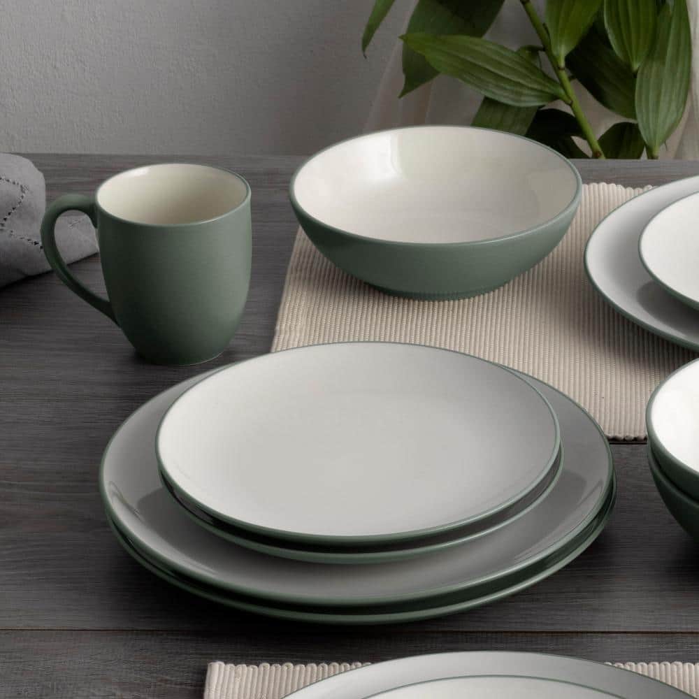 Green and Cream Stoneware Coupe Salad Plates, 8.25" Set of 4