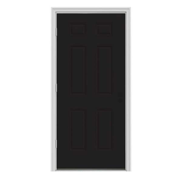 JELD-WEN 32 in. x 80 in. 6-Panel Black Painted w/ White Interior Steel Prehung Right-Hand Outswing Front Door w/Brickmould