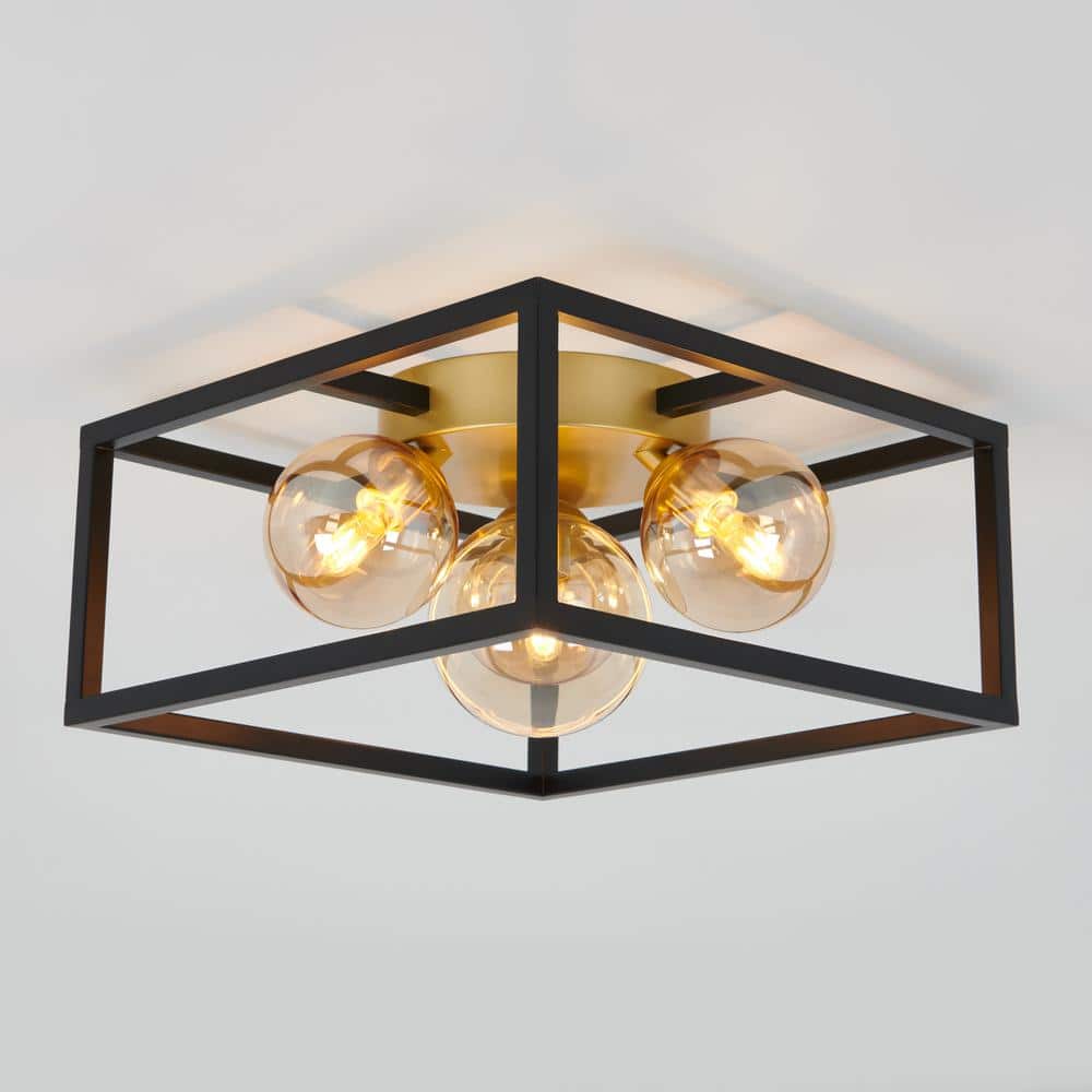 Modern Matte Black and Gold 14" Square LED Flush Mount Ceiling Light