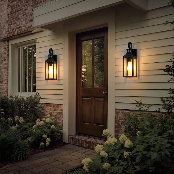 1-Light Black Motion Sensing Dusk to Dawn Outdoor Hardwired Wall Lantern Sconce with No Bulbs Included (2-Pack)