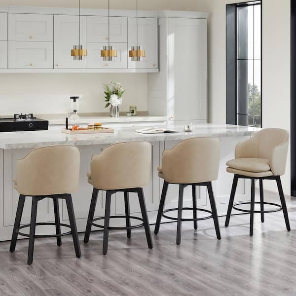 Zephyrine 26 in. Beige Low Back Swivel Counter Height Bar Stool with Leather Seat and Wood Frame (Set of 2)