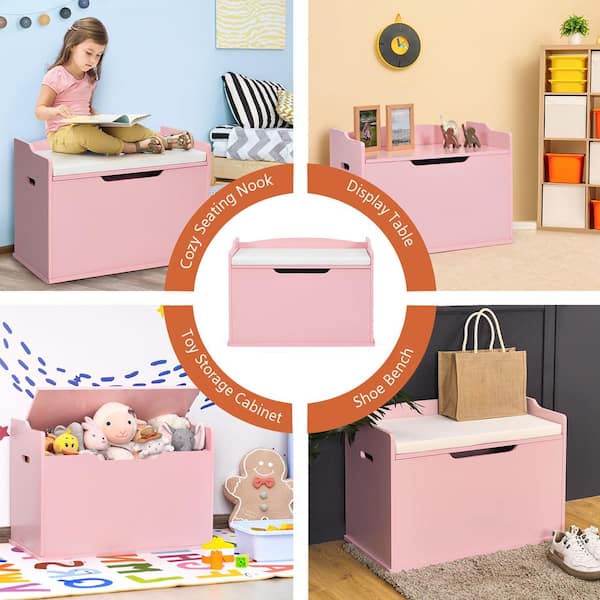 Costway Pink Kids Toy Box Wooden Flip-top Storage Chest