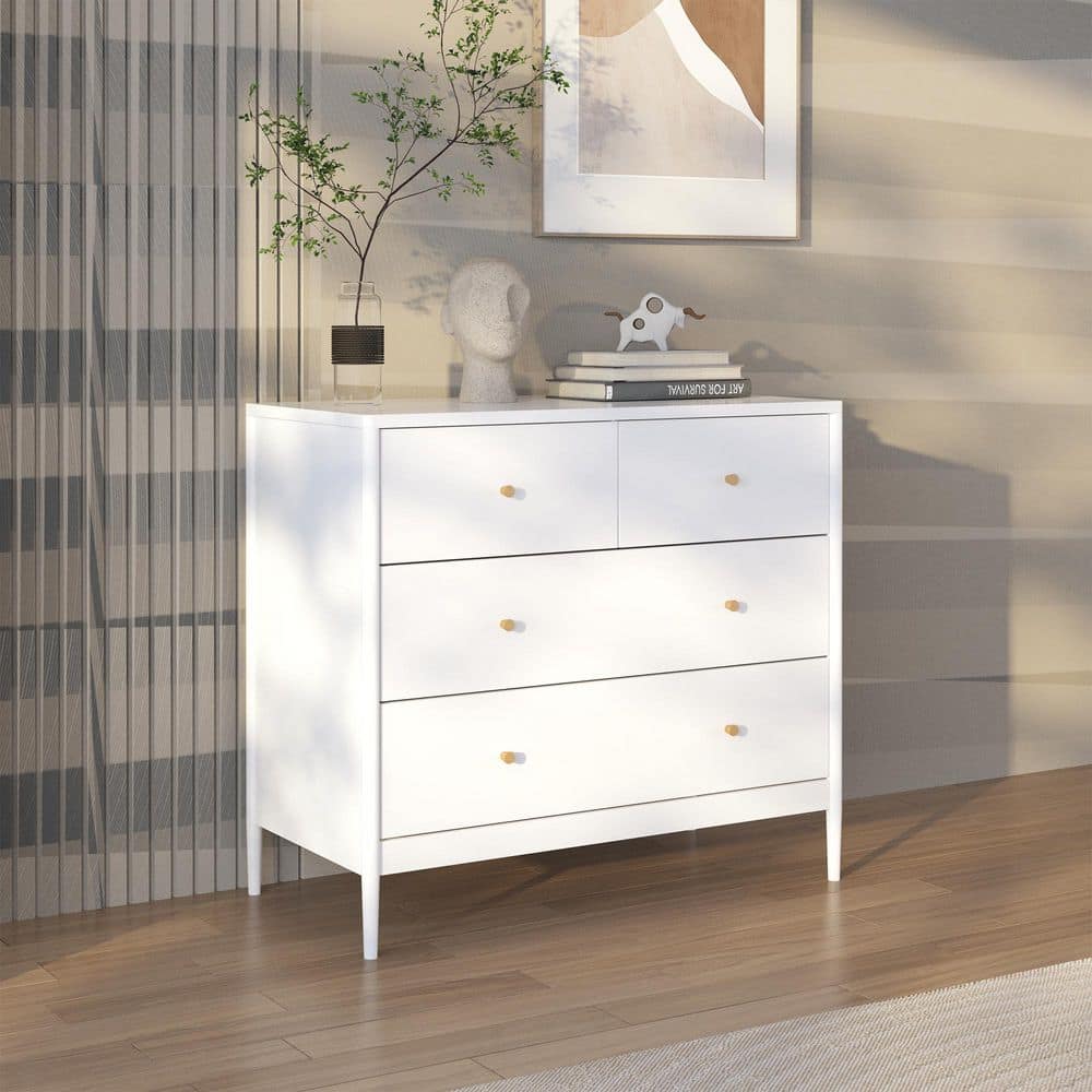 White 4-Drawer Dresser, Wood Storage Cabinet for Bedroom, Nursery, Closet, Kids Chest of Drawers, 35.4" Wide