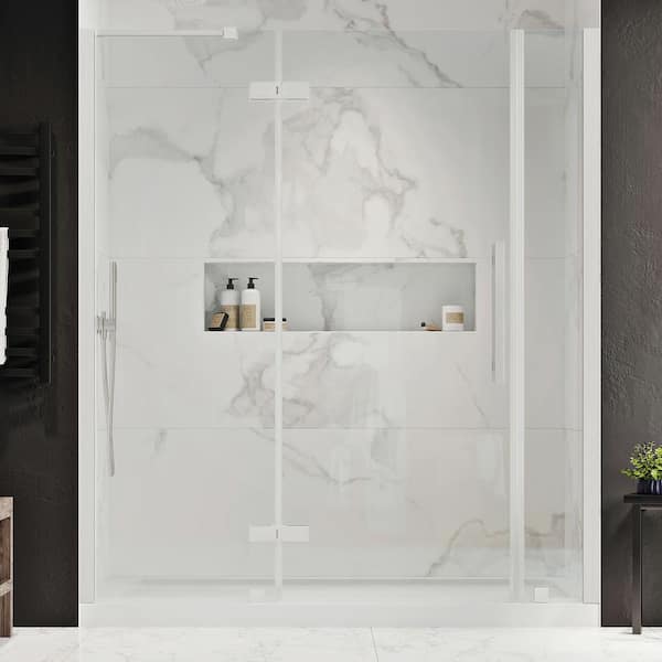 OVE Decors Tampa 60 in. L x 32 in. W x 75 in. H Alcove Shower Kit w/ Pivot Frameless Shower Door in Satin Nickel and Shower Pan