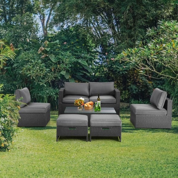6-Piece Patio Wicker Rattan Furniture Set with Glass Top Table and Cushions in Gray