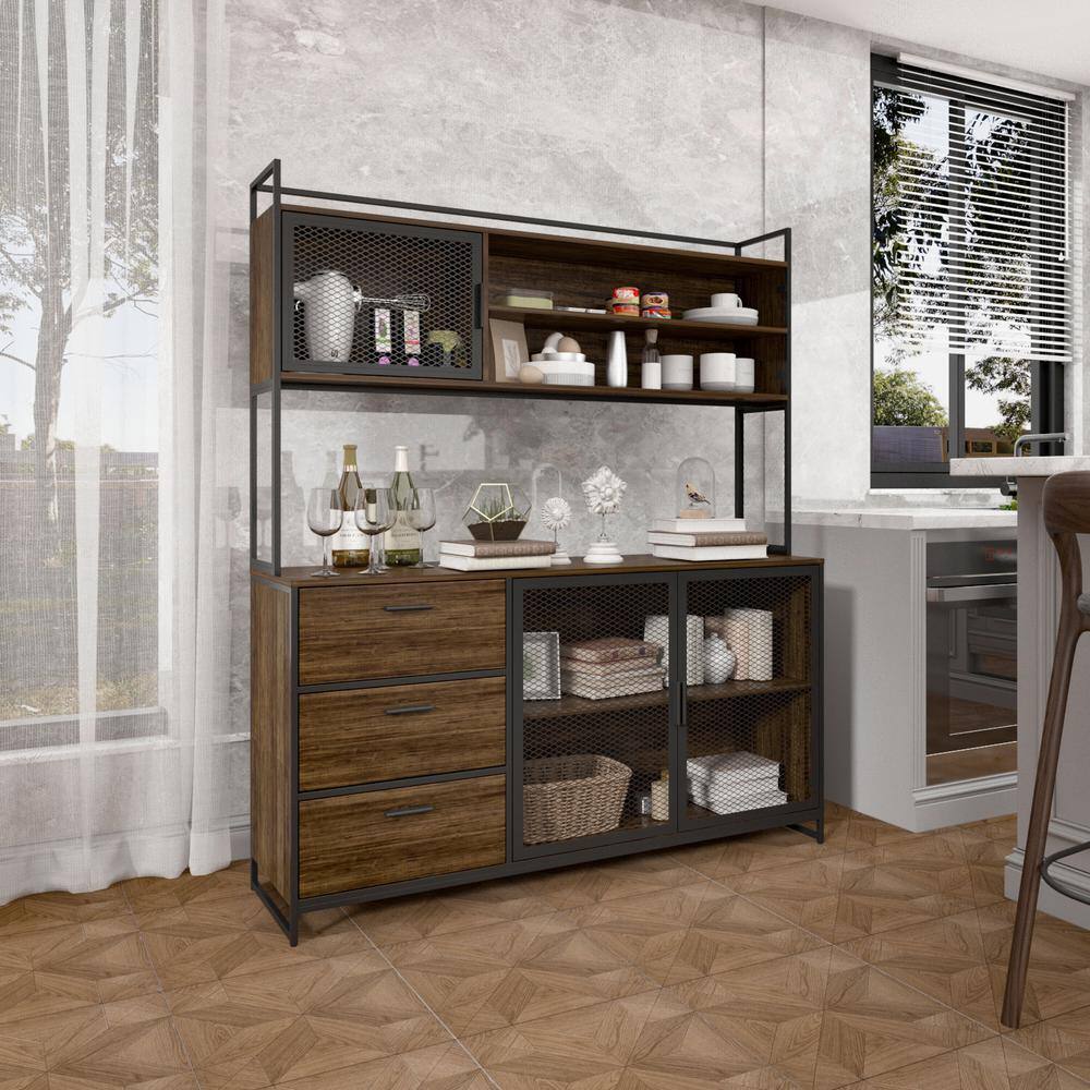 Brown Wood and Metal Mesh 3-Door Kitchen Pantry Cabinet