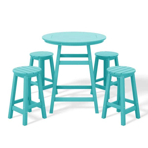 WESTIN OUTDOOR Laguna 5-Piece Counter Height HDPE Plastic Outdoor Patio Round High Top Bistro Dining Set in Turquoise