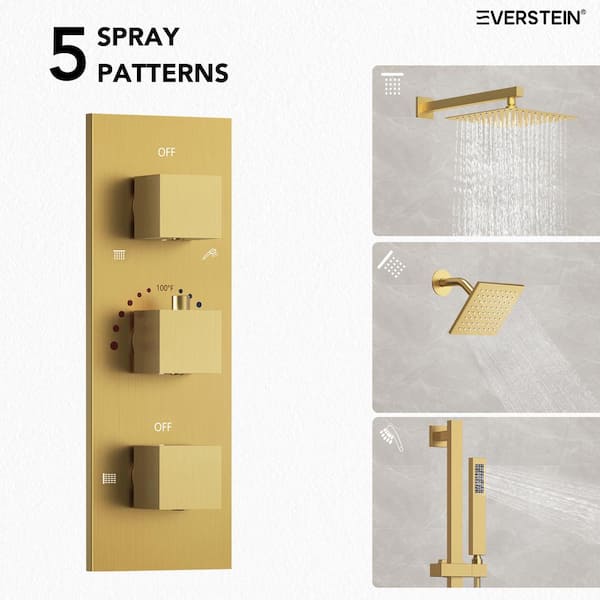 EVERSTEIN 3-Spray Patterns Thermostatic 12 in. Wall Mount Rain