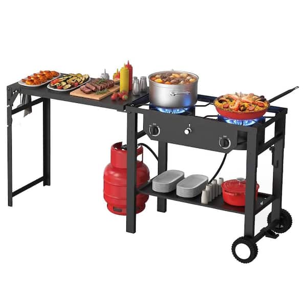 150,000 BTU 2 Burner Outdoor Propane Gas Stove with Foldable Work Table and Wheels for Outdoor Cooking