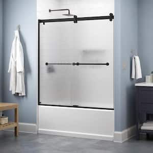 Contemporary 60 in. x 58-3/4 in. Frameless Sliding Bathtub Door in Matte Black with 1/4 in. Tempered Rain Glass