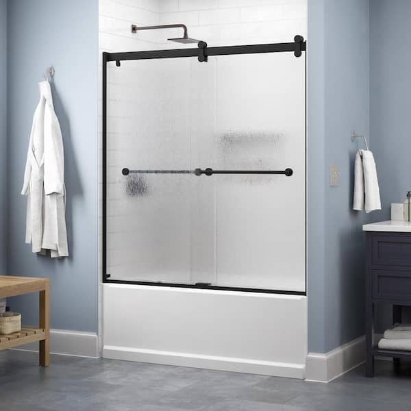 Delta Contemporary 60 in. x 58-3/4 in. Frameless Sliding Bathtub Door in Matte Black with 1/4 in. Tempered Rain Glass