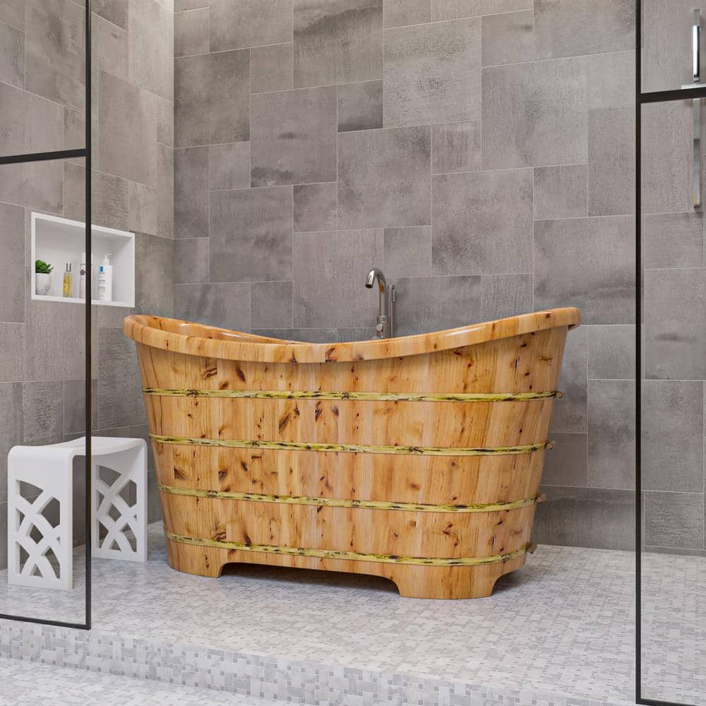 63'' Natural Cedar Freestanding Soaking Bathtub with Iron Wraps