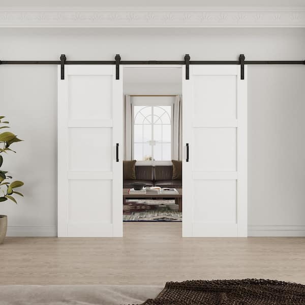 ARK DESIGN 56 in. x 80 in. Paneled 3 Lite White Primed MDF Sliding Barn Door with Hardware Kit