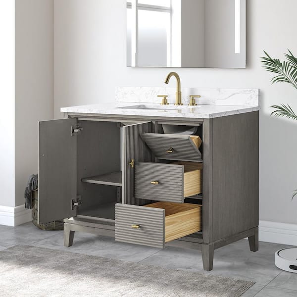 42 in. W x 34 in. H Single Sink Driftwood Gray Bath Vanity Cabinet with Arabescato White Engineered Marble Top