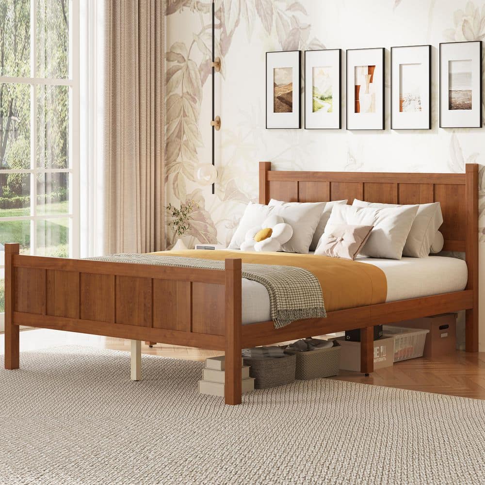 Walnut/Brown Wood Frame Full Size Platform Bed with Headboard & Footboard,wood Grain Finish price history on PriceWatchPro