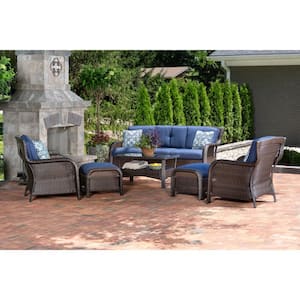 Corrolla 6-Piece Steel Frame Lounge Set with Sofa, 2 Side Chairs with cushions, 2 Ottomans and Coffee Table, Navy Blue