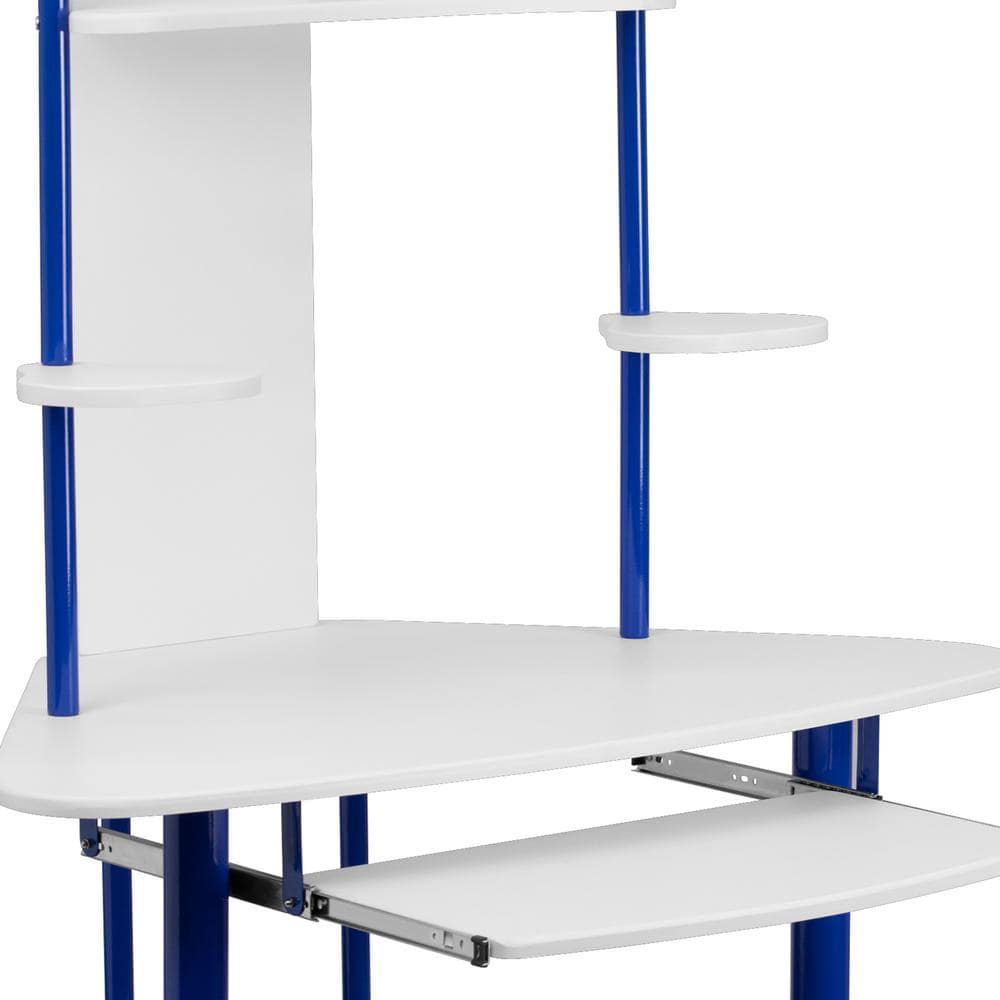 Compact Blue and White Corner Computer Desk with Integrated Hutch