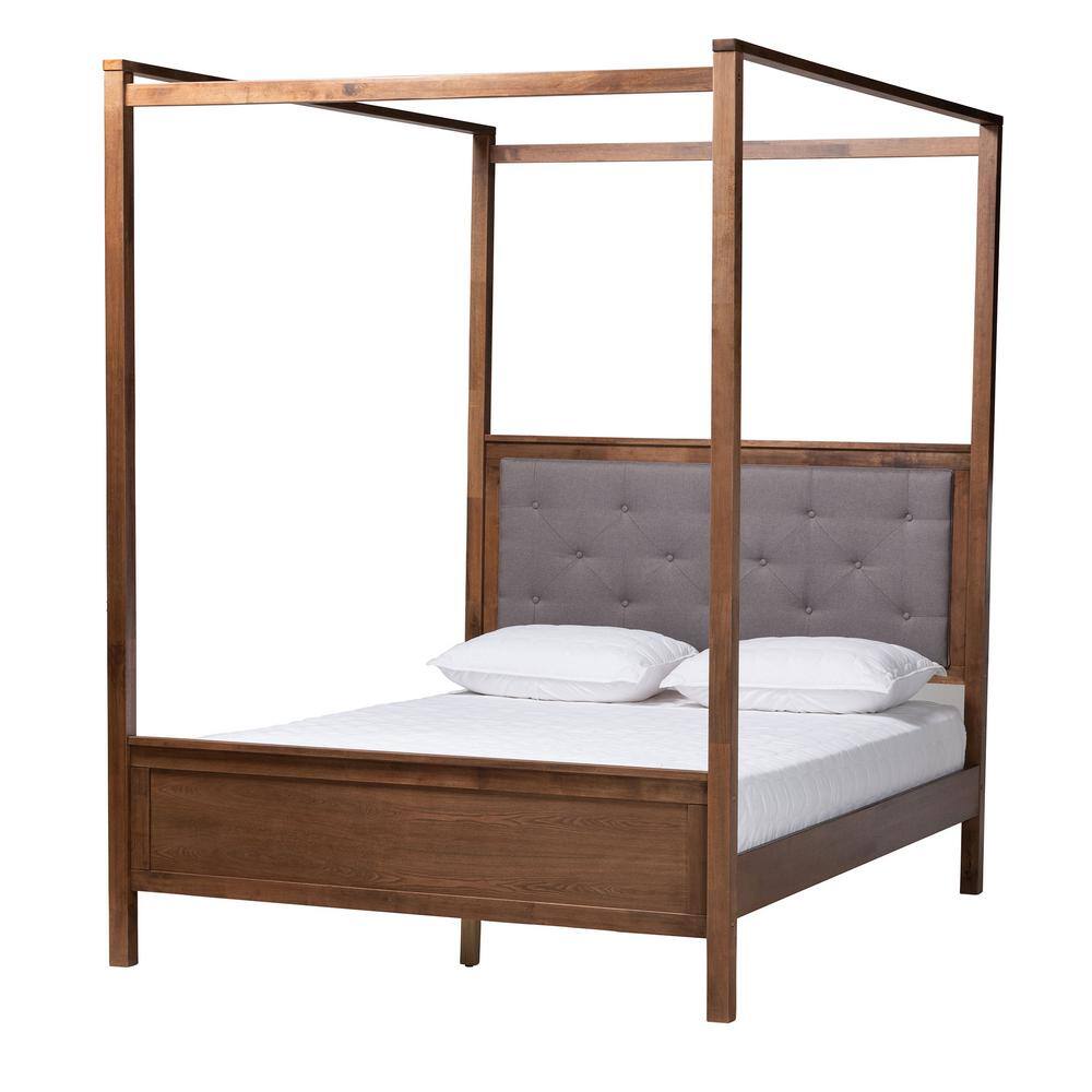 Luxurious Gray Tufted Queen Platform Bed with Walnut Wood Frame