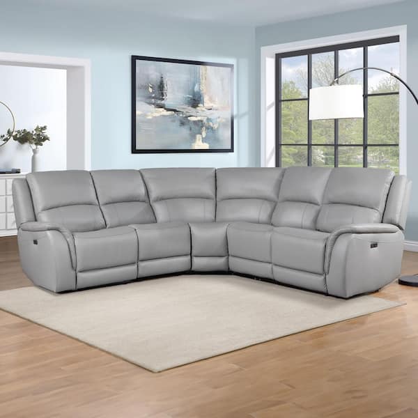 Alexandria 97.5 in. 5 Piece Gray Leather Power Sectional Sofa Stone
