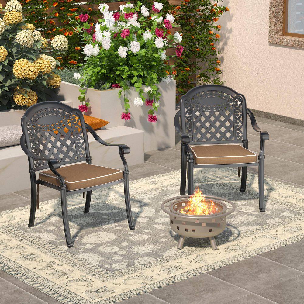 Matte Black Cast Aluminum Outdoor Dining Armchairs with Multicolor Cushions