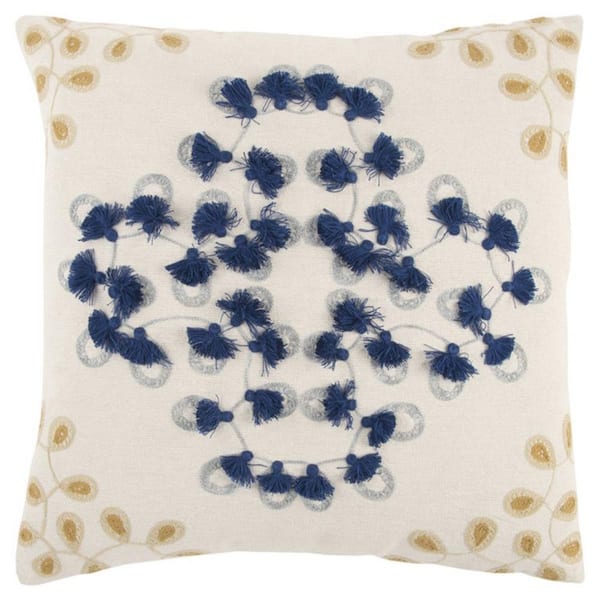 HomeRoots Natural, Blue, Gold Solid Polyester 20 in. x 20 in. Throw Pillow