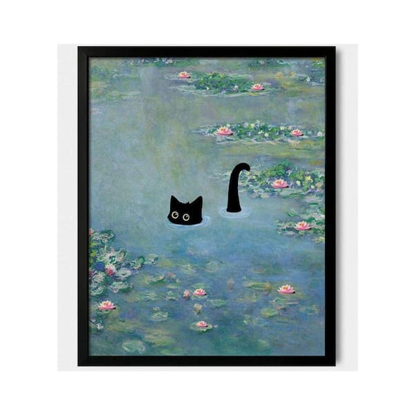 1 Pieces Vintage Canvas Framed Wall Art, Funny Cat in Water Lilies