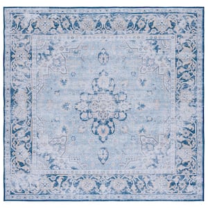 Tuscon Light Blue/Navy 6 ft. x 6 ft. Machine Washable Distressed Floral Border Square Area Rug